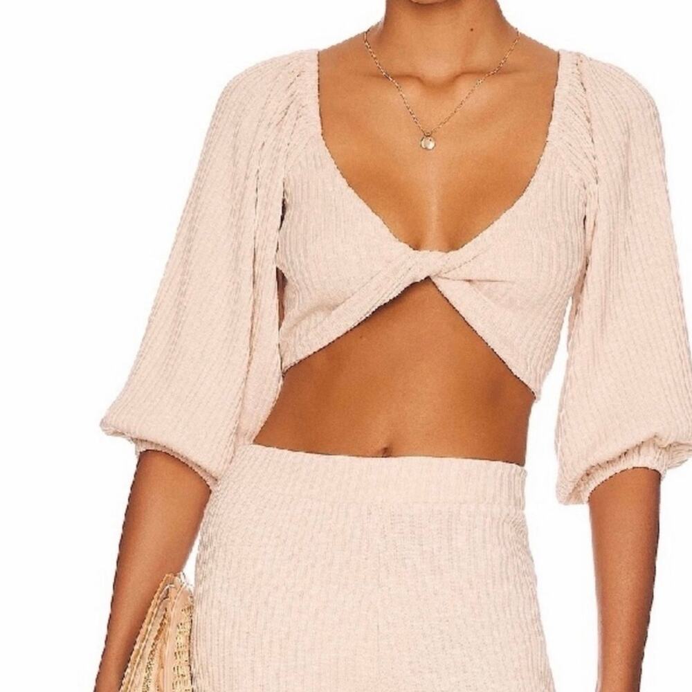 L*Space Jemma Twist Front Crop Top Sand Beige Ribbed Blouson Sleeve Size S